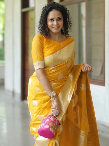 Yashika Women’s Fancy Banarasi Kanjivaram Art Silk Yellow Saree with Unstitched Blouse Piece |Wedding Saree for Women