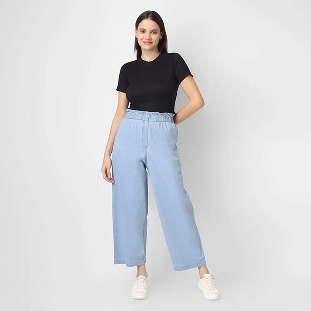 Women's Denim Wide Leg Palazzo Pants, Blue, Elastic Waist with Pockets, Premium Casual Wear (in, Alpha, 5XL, Regular, Standard, Denim Lite Blue)