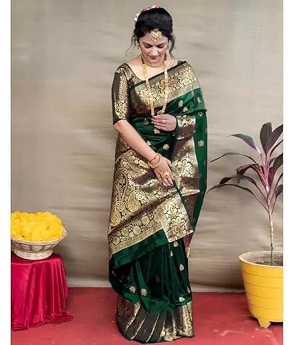 C J Enterprise Women's Banarasi Saree Pure Kanjivaram Silk Saree Soft Design Wear Pattu Sarees Latest Cotton With Blouse Piece Kanchipuram for Wedding sadi new ladies 2025 (Vruksh-51) (Dark Green)