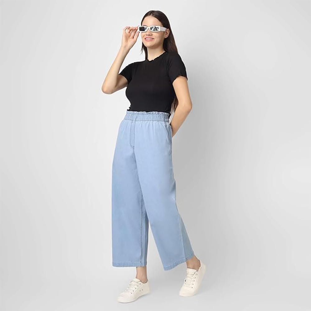 Women's Denim Wide Leg Palazzo Pants, Blue, Elastic Waist with Pockets, Premium Casual Wear (in, Alpha, 5XL, Regular, Standard, Denim Lite Blue)