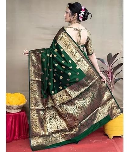 C J Enterprise Women's Banarasi Saree Pure Kanjivaram Silk Saree Soft Design Wear Pattu Sarees Latest Cotton With Blouse Piece Kanchipuram for Wedding sadi new ladies 2025 (Vruksh-51) (Dark Green)