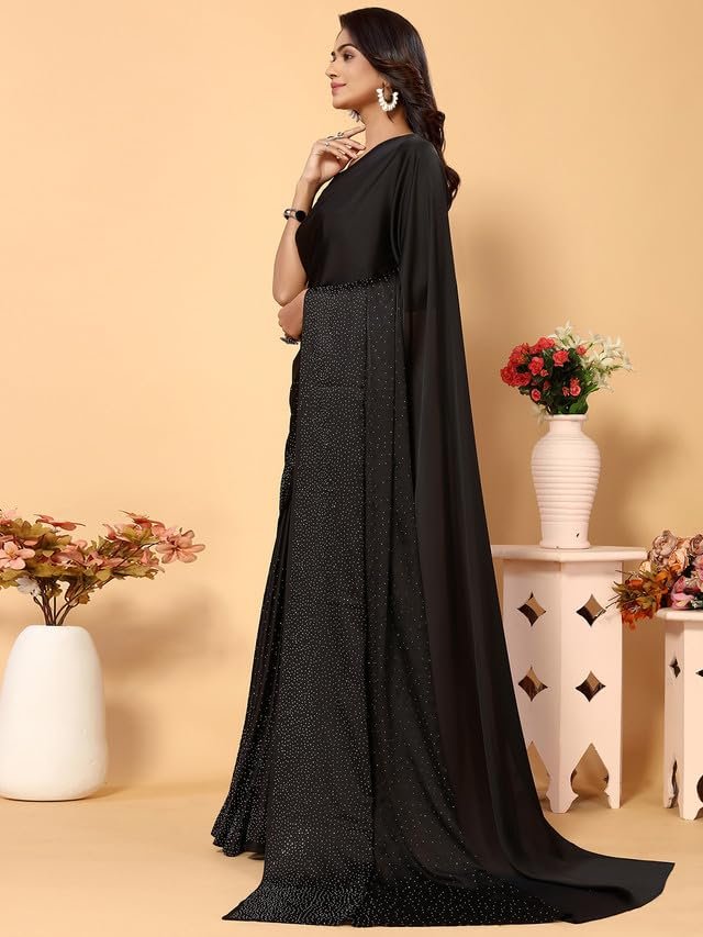 SIRIL Women's Satin Silk Hot Fixing Stone Work Saree with Unstitched Blouse(3111S412_Black)