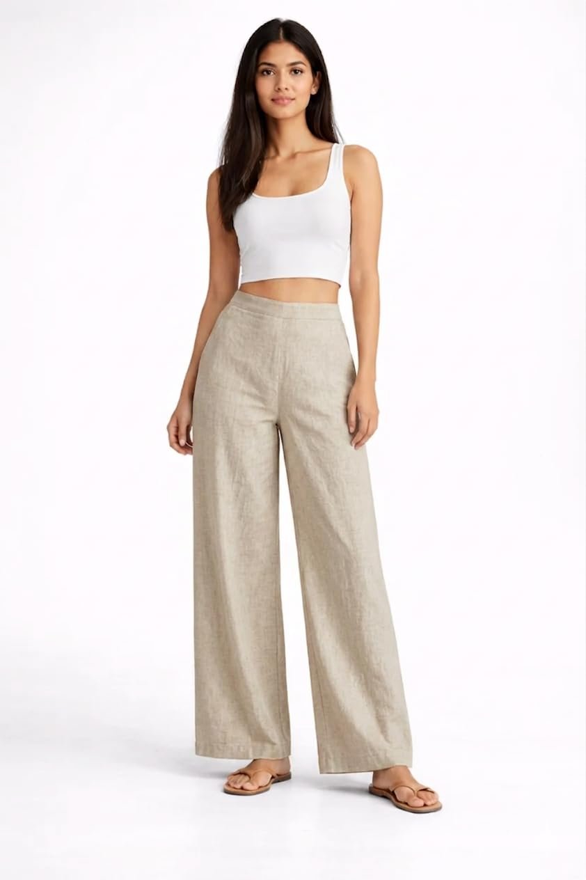 FuchsiaBless Women Korean Style Wide Leg Cotton Trouser Pants Straight Loose Fit Parallel Palazzo Casual Office Wear Beige