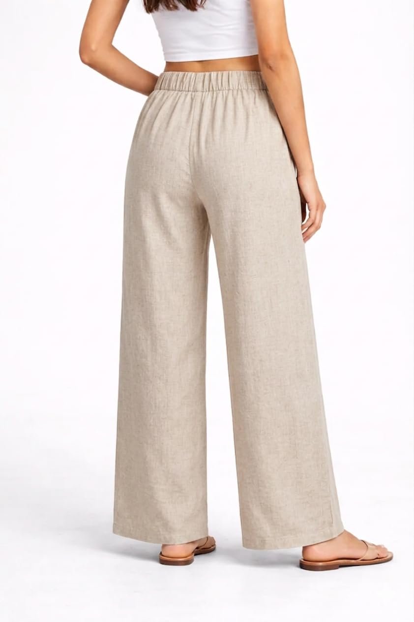 FuchsiaBless Women Korean Style Wide Leg Cotton Trouser Pants Straight Loose Fit Parallel Palazzo Casual Office Wear Beige