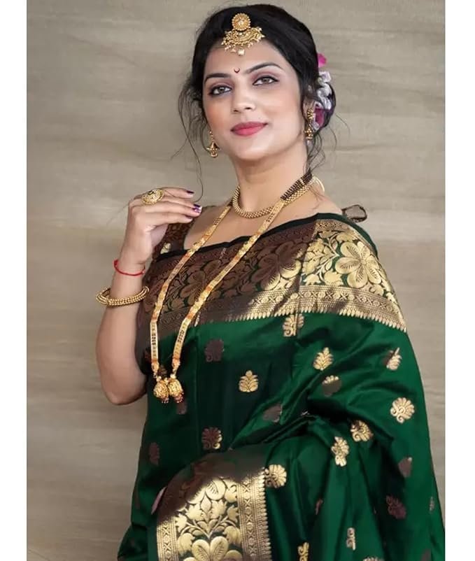 C J Enterprise Women's Banarasi Saree Pure Kanjivaram Silk Saree Soft Design Wear Pattu Sarees Latest Cotton With Blouse Piece Kanchipuram for Wedding sadi new ladies 2025 (Vruksh-51) (Dark Green)