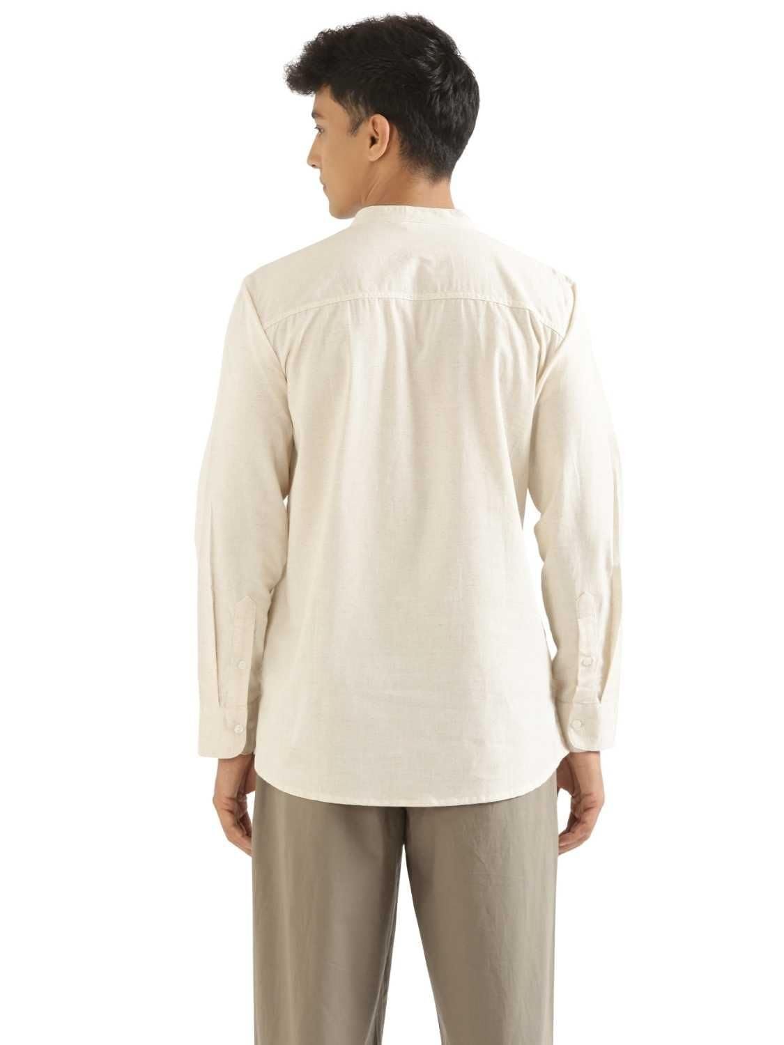 SAADAA Men Linen Cotton Blend Regular Fit Kurta, Mandarin Collar Solid Color for Casual Festive & Ethnic Wear (Ecru XS)