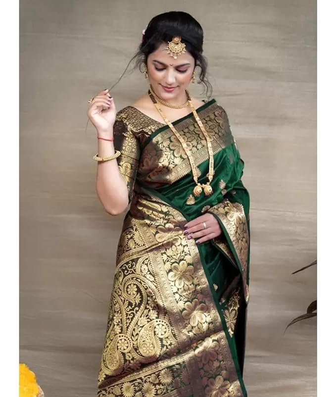 C J Enterprise Women's Banarasi Saree Pure Kanjivaram Silk Saree Soft Design Wear Pattu Sarees Latest Cotton With Blouse Piece Kanchipuram for Wedding sadi new ladies 2025 (Vruksh-51) (Dark Green)