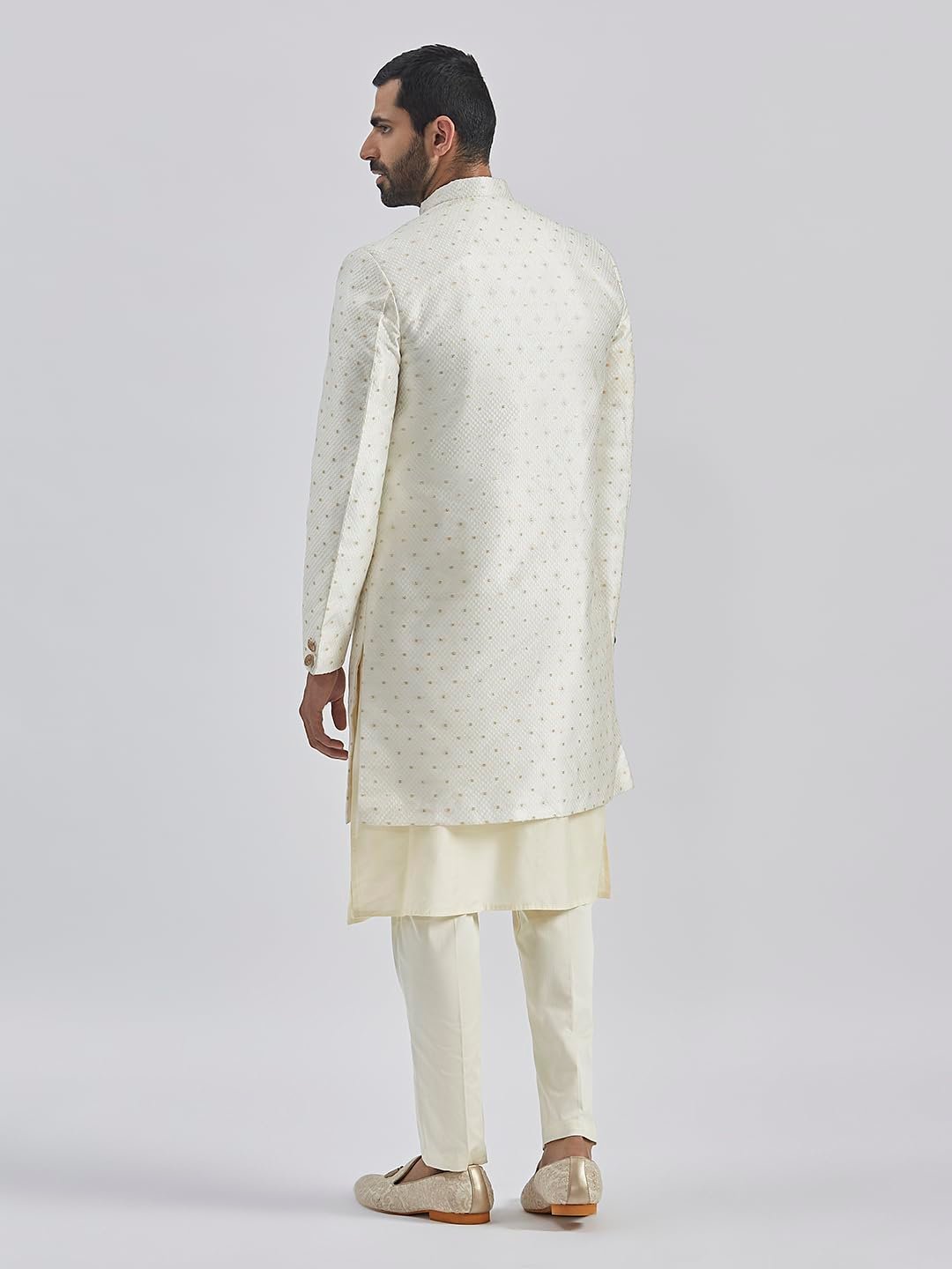 VASTRAMAY Men's Cream Viscose Sherwani Set, Silk Blend Jacquard Indo Western, Kurta And Pyjama for Men for Weddings & Festivals, Traditional Ethnic Wear Outfit