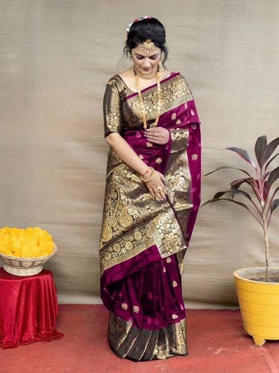 C J Enterprise Women's Pure Kanjivaram Silk Saree Banarasi Soft Design Wear Pattu Sarees Latest Cotton With Blouse Piece Kanchipuram for Wedding sadi new ladies 2025 (Vruksh-50) (Magenta)