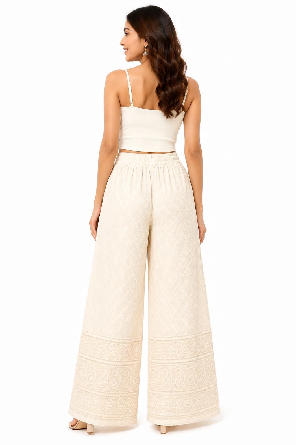 fragIn Women's Premium Chicken Palazzo Pants | Wide Leg Flared Fit | Elastic Waist | Full Length Ethnic Bottom Wear | Free Size Cream
