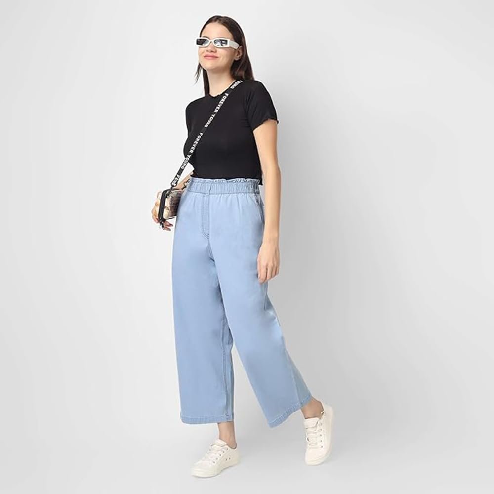 Women's Denim Wide Leg Palazzo Pants, Blue, Elastic Waist with Pockets, Premium Casual Wear (in, Alpha, 5XL, Regular, Standard, Denim Lite Blue)