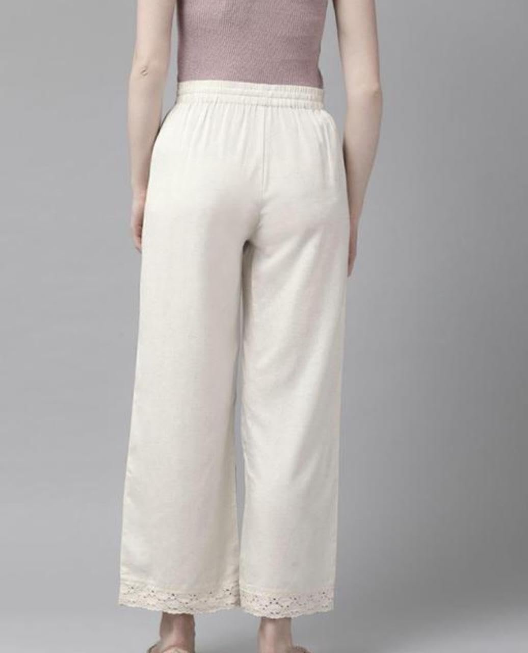 NAYLA CREATION Women's Off-White Khadi Palazzo with Lace Hem, Wide Leg, Elastic Drawstring Waist, Lightweight (in, Alpha, L, Regular)