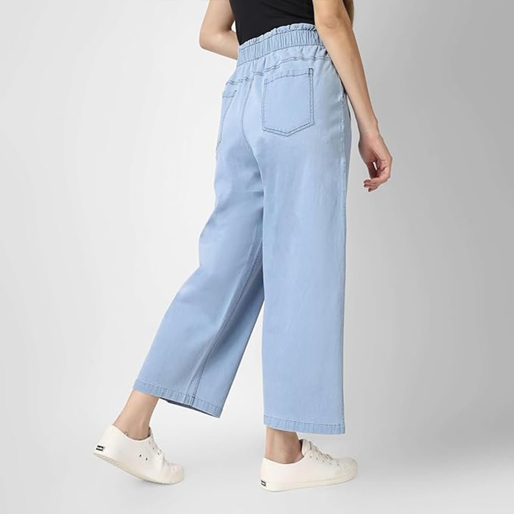 Women's Denim Wide Leg Palazzo Pants, Blue, Elastic Waist with Pockets, Premium Casual Wear (in, Alpha, 5XL, Regular, Standard, Denim Lite Blue)
