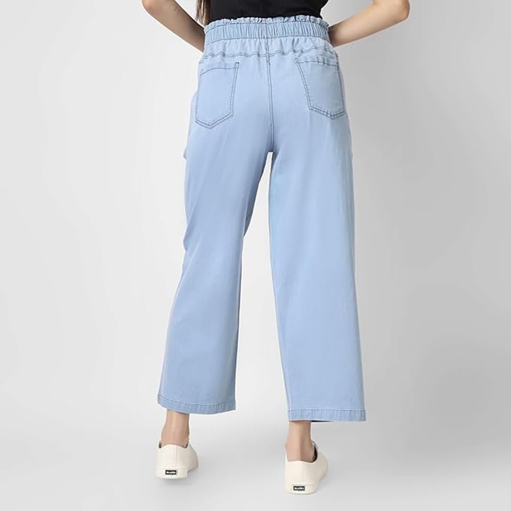 Women's Denim Wide Leg Palazzo Pants, Blue, Elastic Waist with Pockets, Premium Casual Wear (in, Alpha, 5XL, Regular, Standard, Denim Lite Blue)