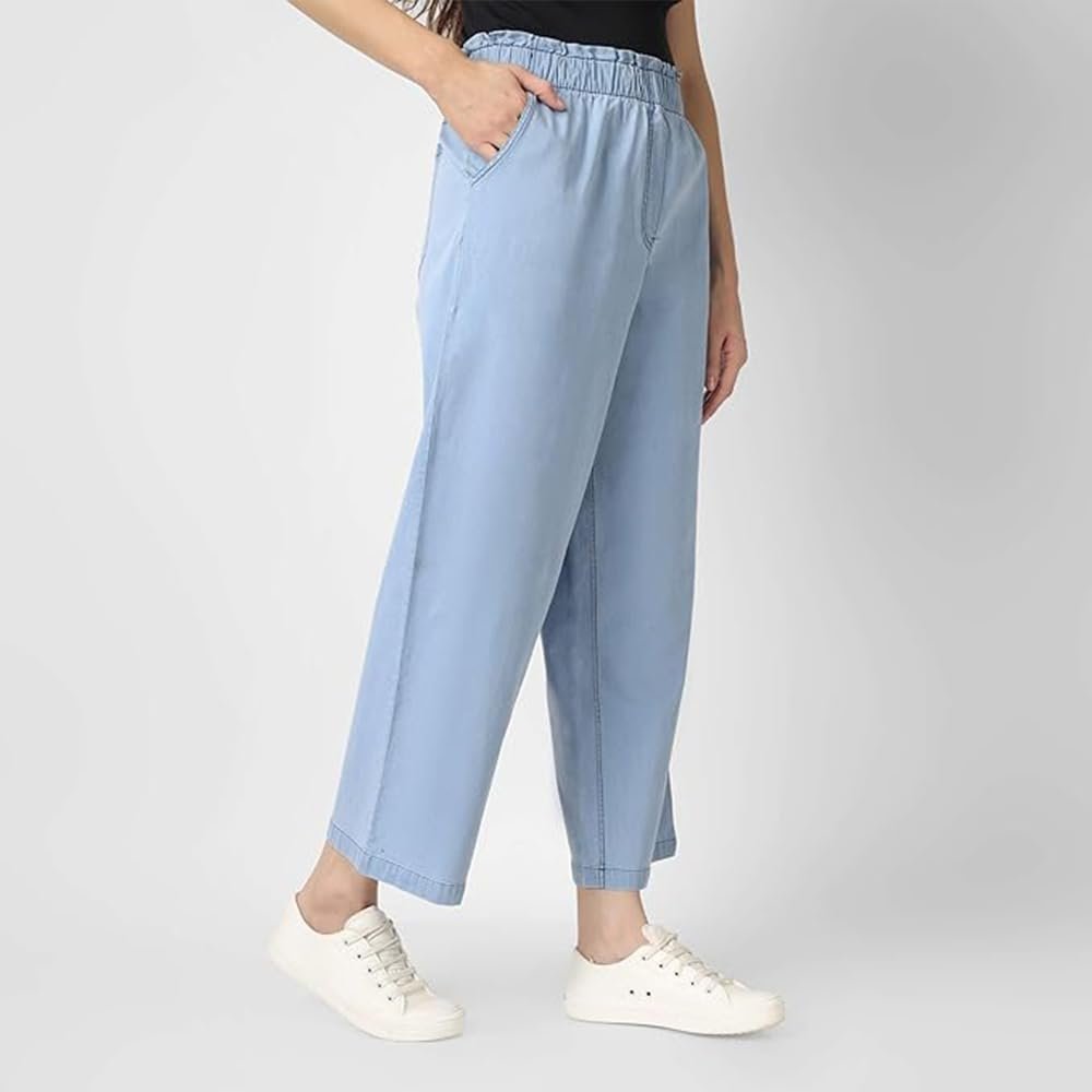Women's Denim Wide Leg Palazzo Pants, Blue, Elastic Waist with Pockets, Premium Casual Wear (in, Alpha, 5XL, Regular, Standard, Denim Lite Blue)