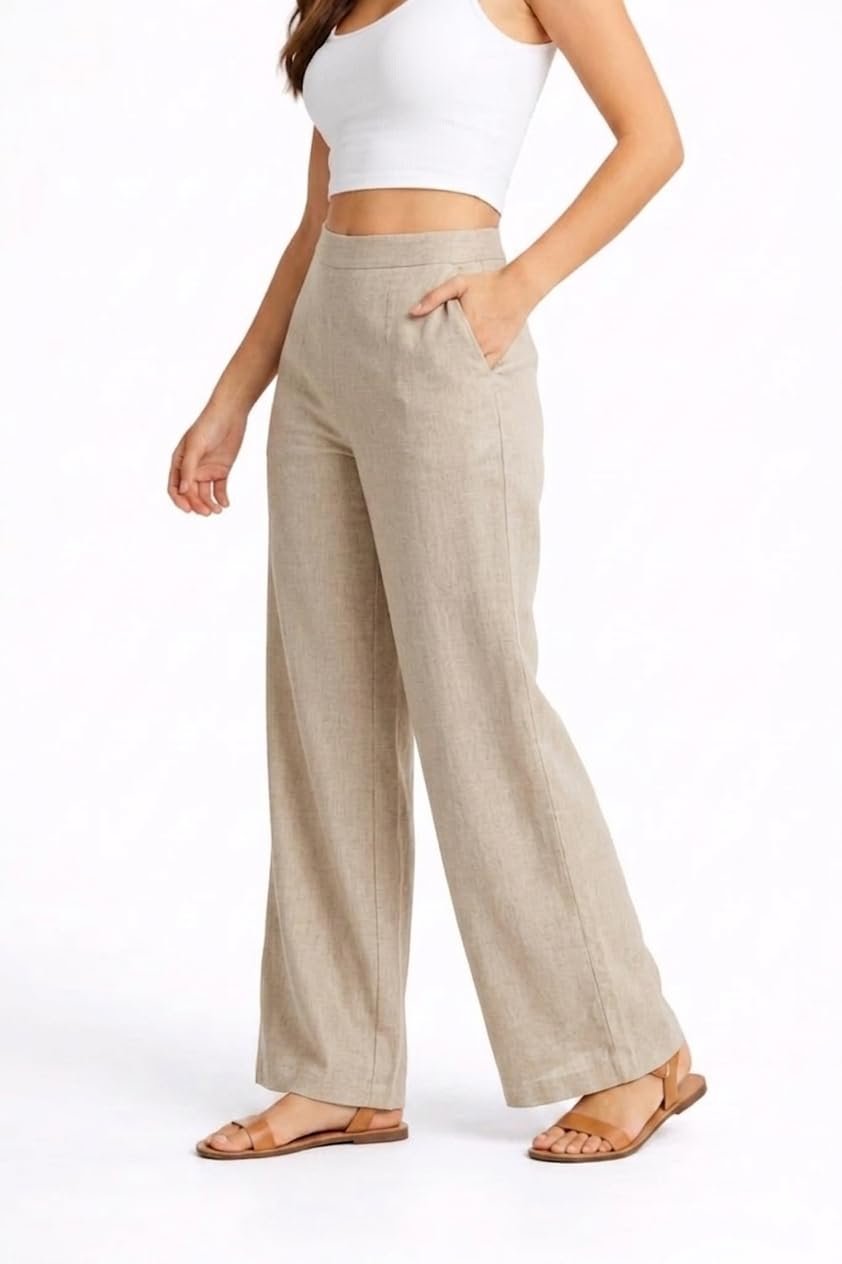 FuchsiaBless Women Korean Style Wide Leg Cotton Trouser Pants Straight Loose Fit Parallel Palazzo Casual Office Wear Beige