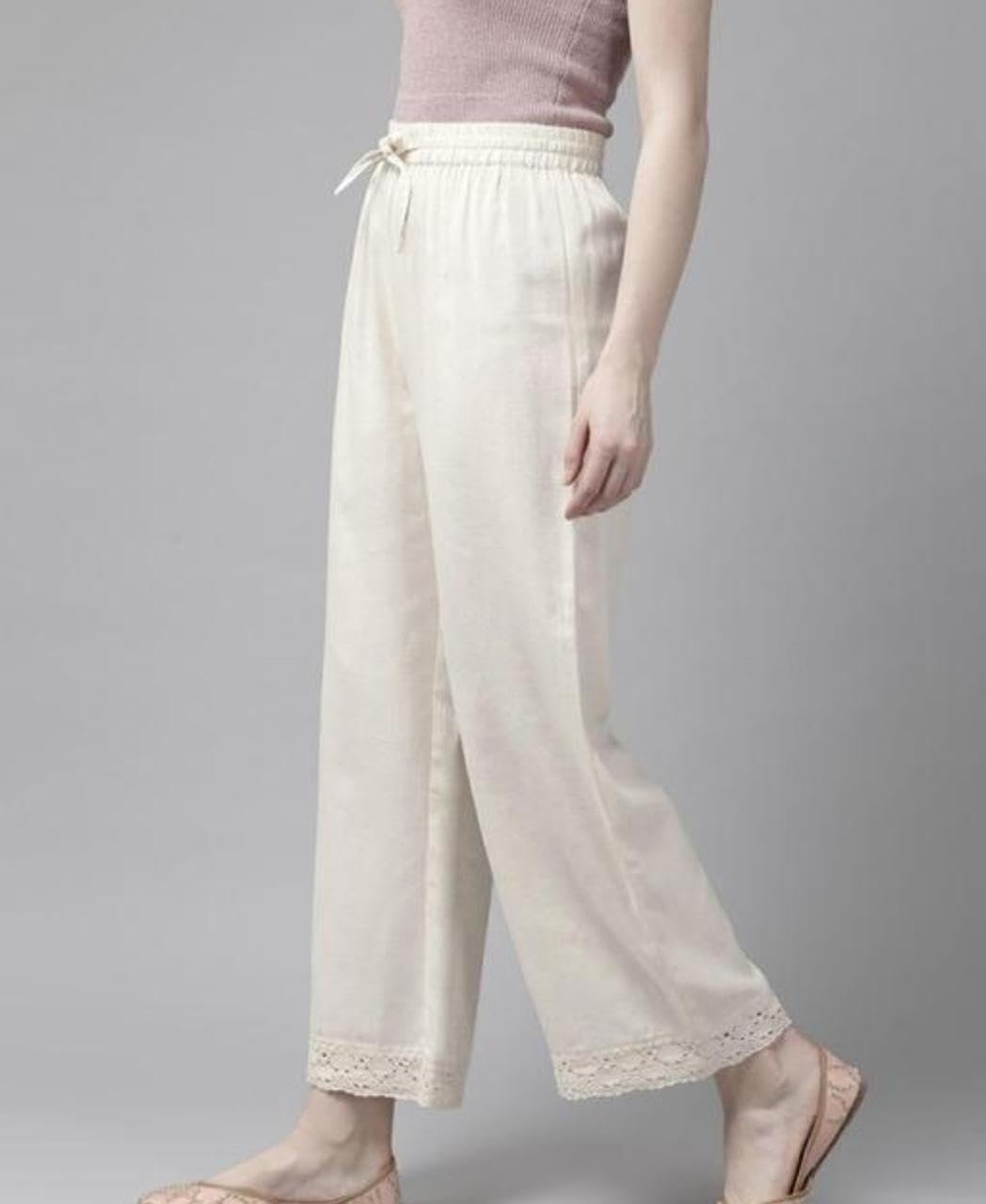 NAYLA CREATION Women's Off-White Khadi Palazzo with Lace Hem, Wide Leg, Elastic Drawstring Waist, Lightweight (in, Alpha, L, Regular)