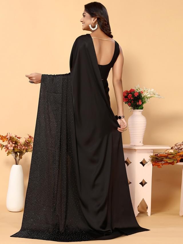 SIRIL Women's Satin Silk Hot Fixing Stone Work Saree with Unstitched Blouse(3111S412_Black)