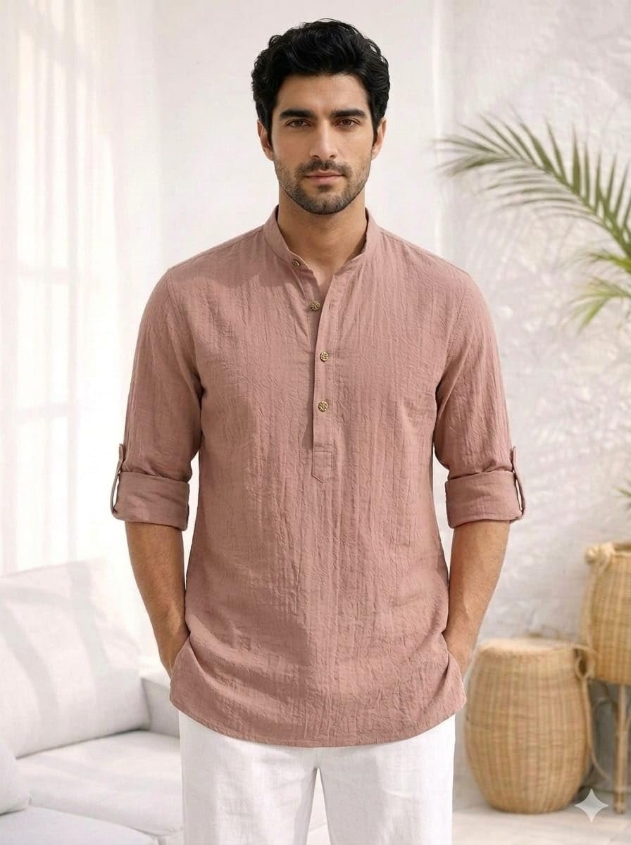218 VASTRA Men’s Crinkle Cotton Short Kurta Brown Colour Textured Fabric Regular Fit Casual Ethnic Wear for Men Size Large
