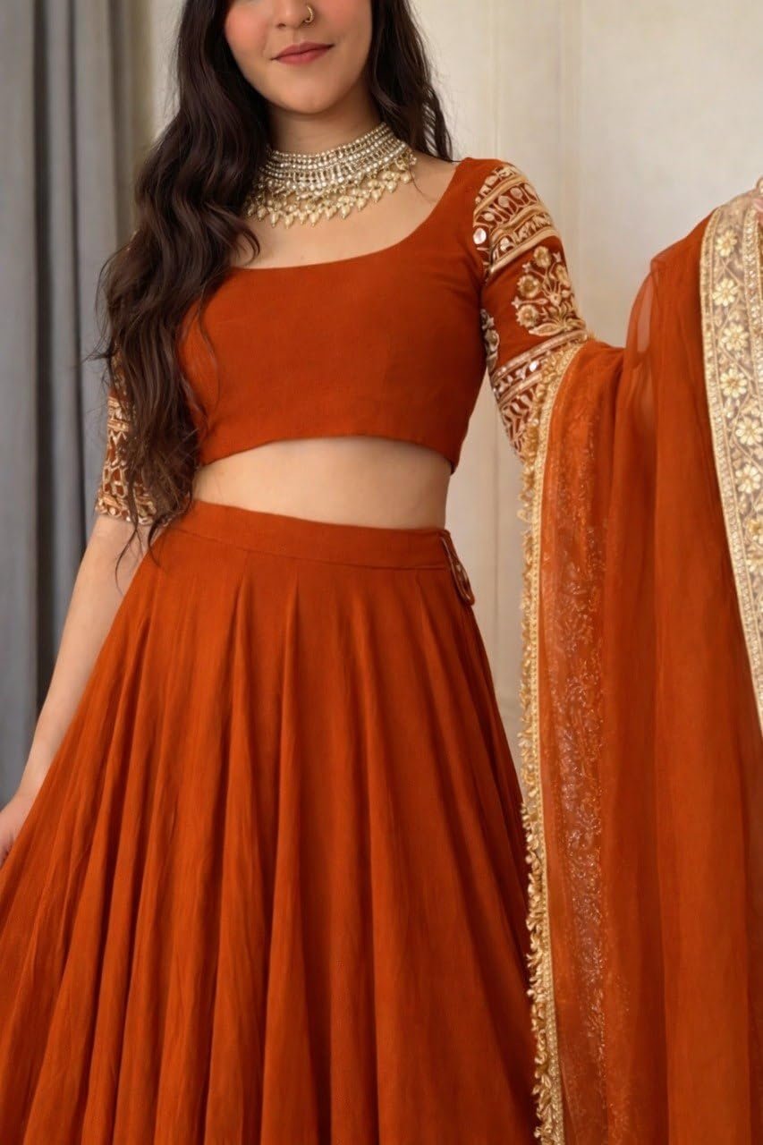 Women's Rust Orange Designer Lehenga Choli with Dupatta | Georgette Embroidered Sequence Work Semi Stitched Wedding Lehenga for Women | Party Wear Festive Ethnic Outfit