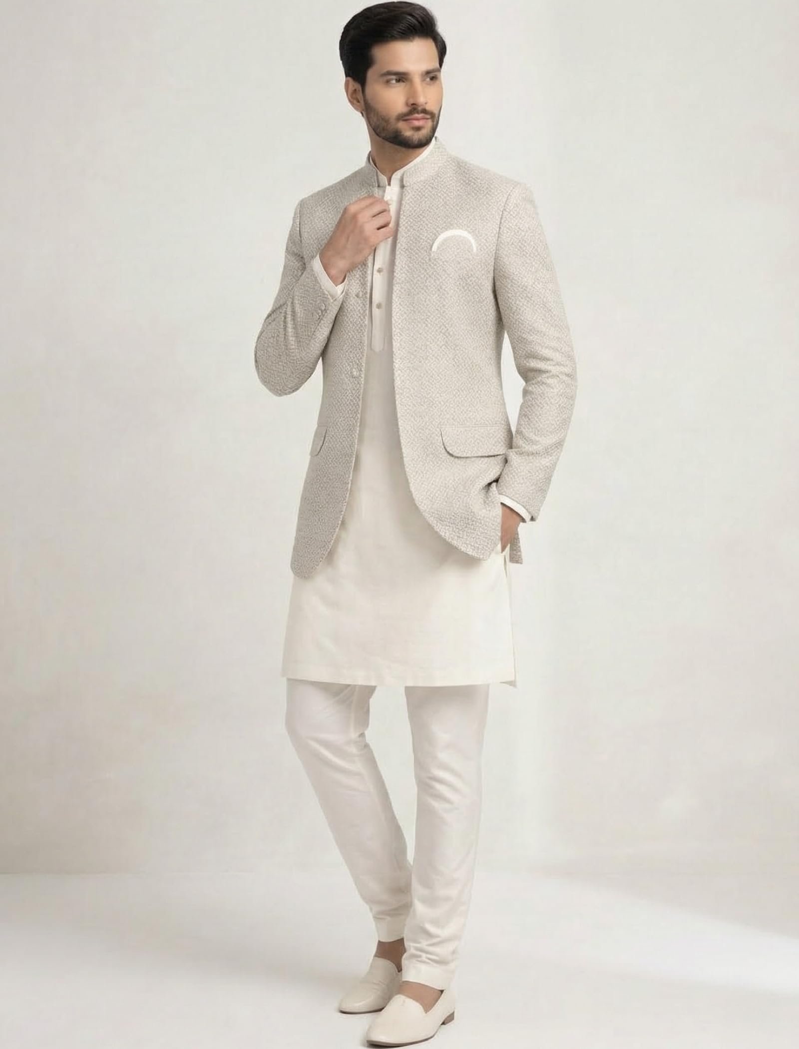 Amzira Men’s Jacquard Koti Kurta Set | Mandarin Collar | Full Sleeves Ethnic Wear | Festive & Wedding Traditional Outfit for Men (Grey_S)