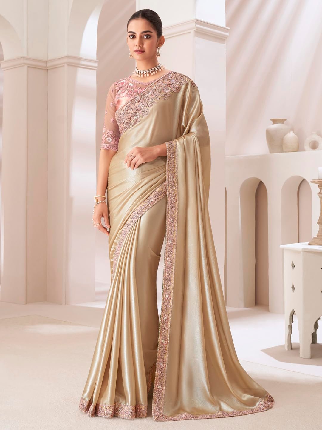 AKHILAM Women's Cream Pure Chiffon Embellished Saree With Unstitched Blouse (SNDLWOD1303_TFH)