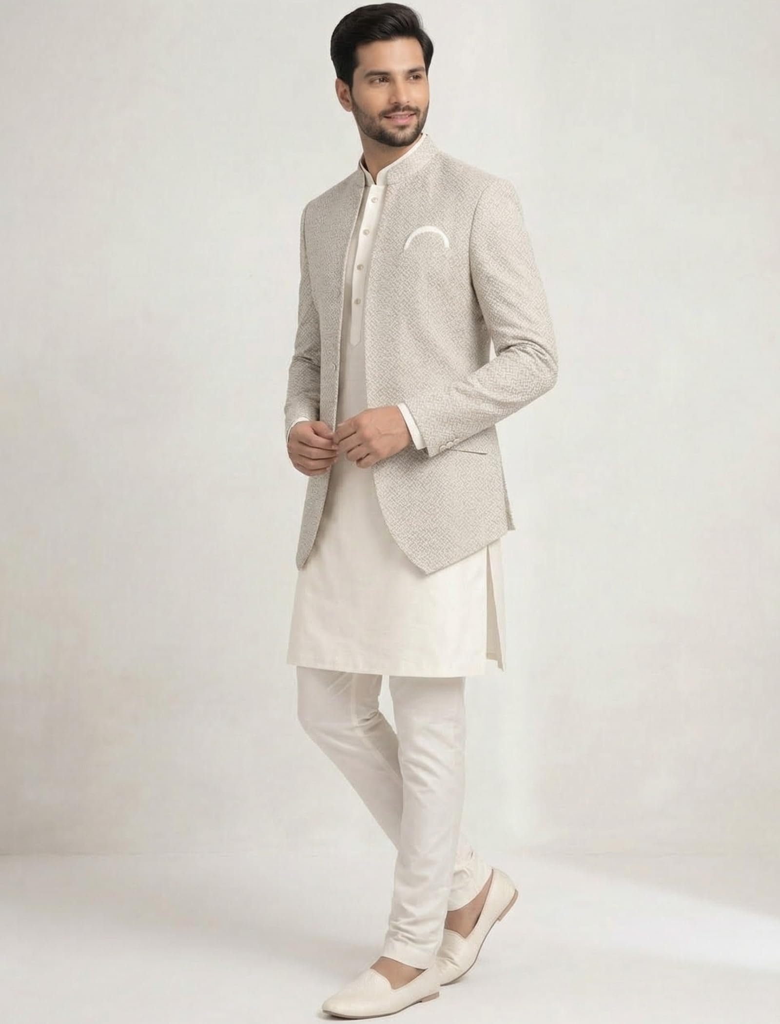 Amzira Men’s Jacquard Koti Kurta Set | Mandarin Collar | Full Sleeves Ethnic Wear | Festive & Wedding Traditional Outfit for Men (Grey_S)