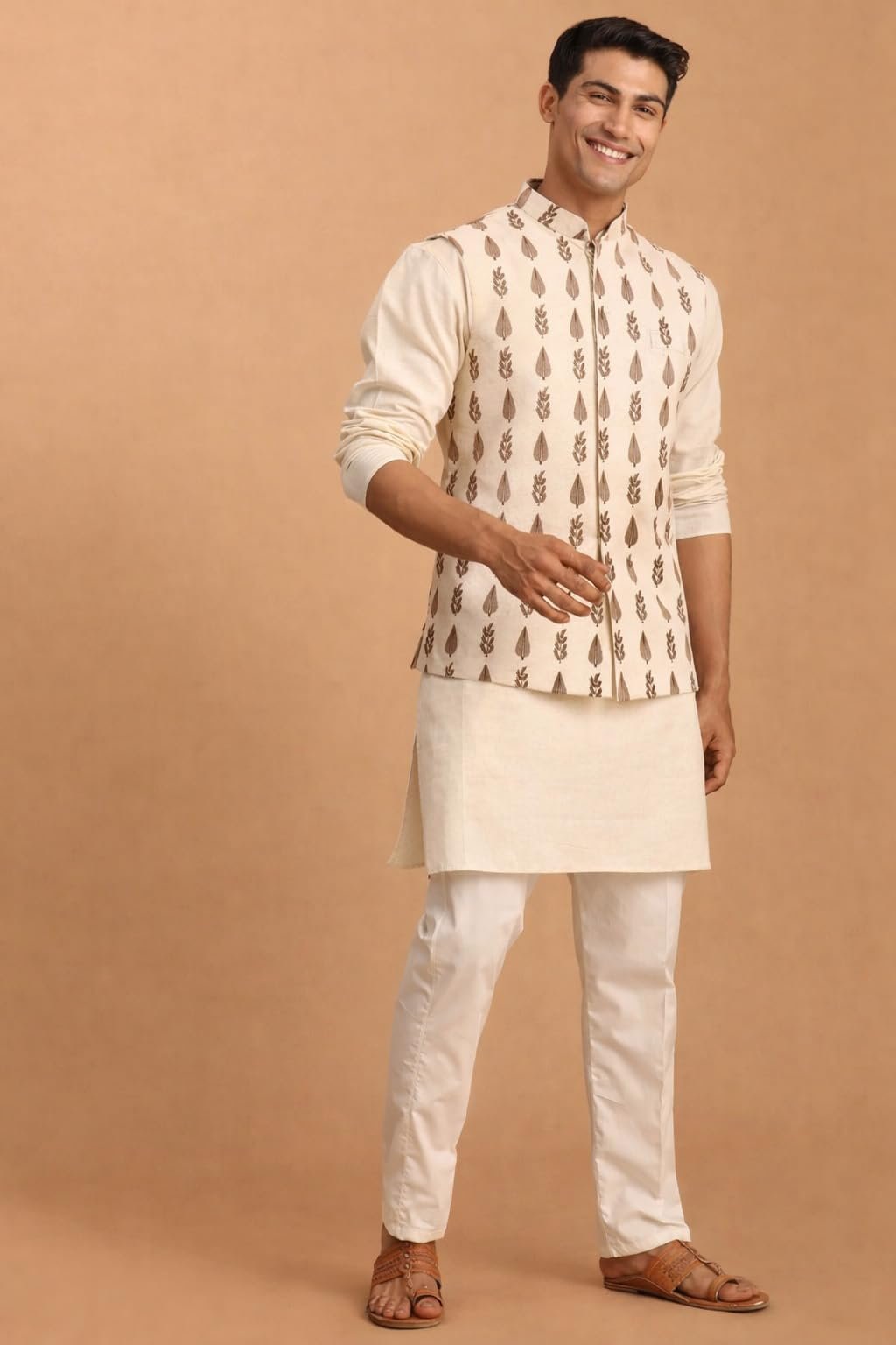 VASTRAMAY Shvaas Leaf Pattern Cotton Printed Nehru Jacket with Kurta and Pyjama Set Elegant Ethnic Wear for Men, 40