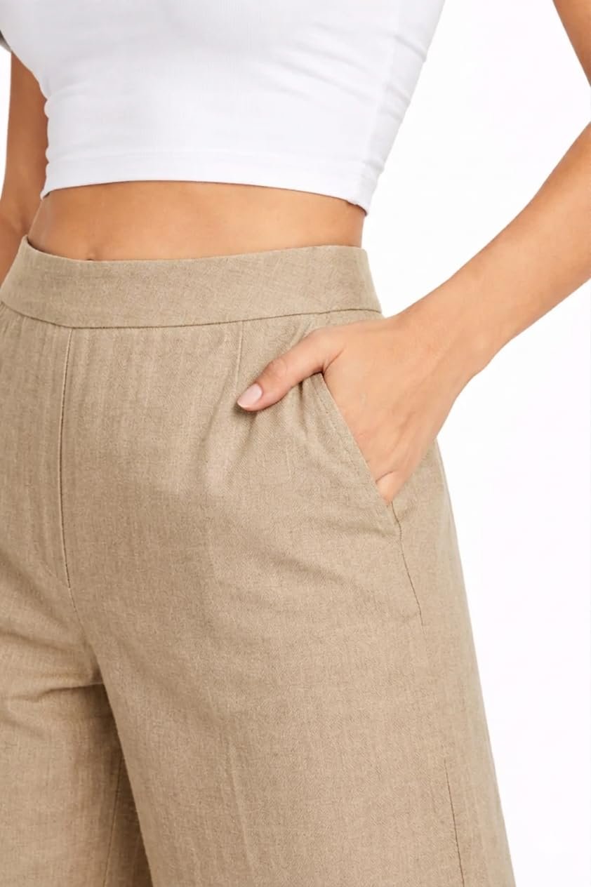 FuchsiaBless Women Korean Style Wide Leg Cotton Trouser Pants Straight Loose Fit Parallel Palazzo Casual Office Wear Beige