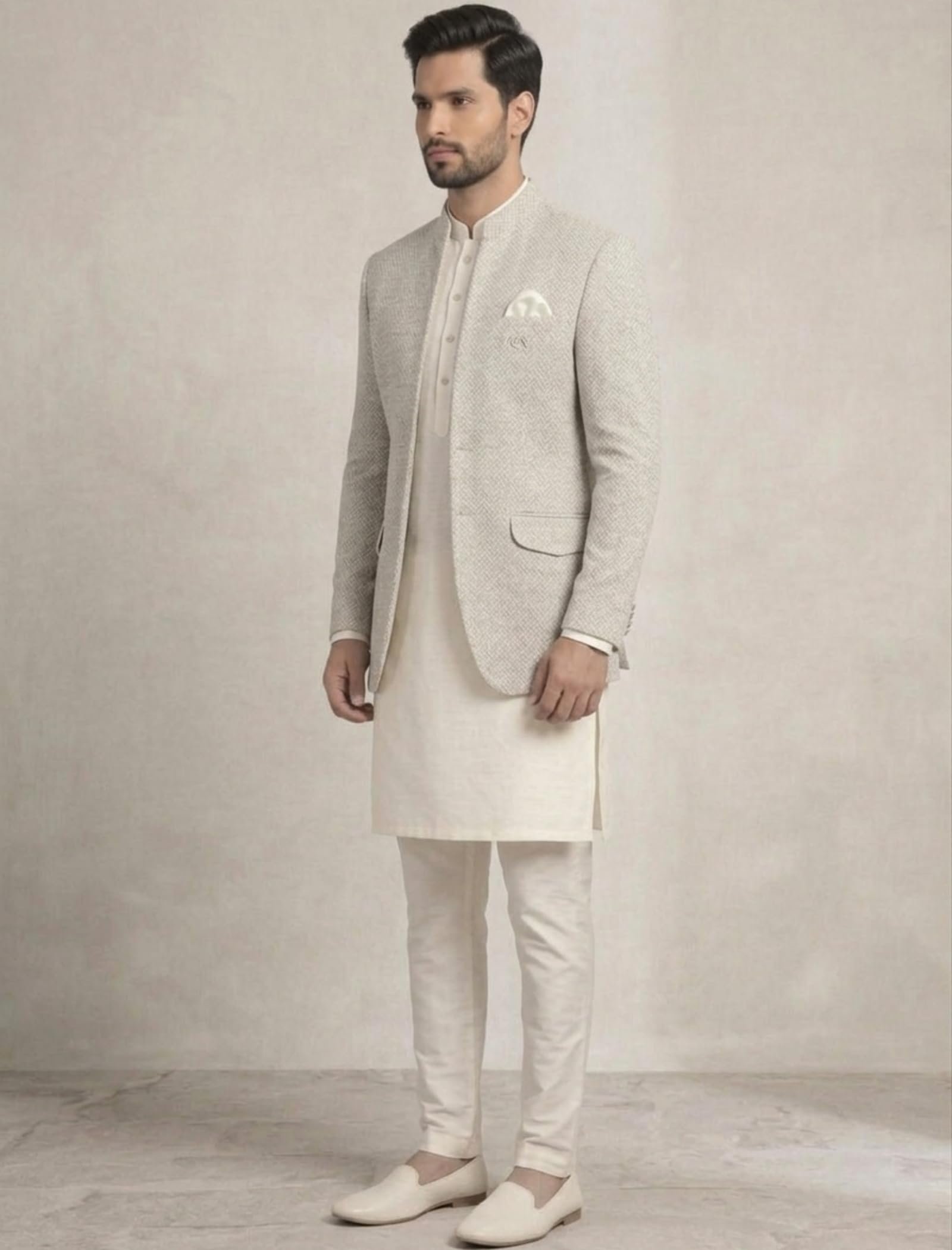 Amzira Men’s Jacquard Koti Kurta Set | Mandarin Collar | Full Sleeves Ethnic Wear | Festive & Wedding Traditional Outfit for Men (Grey_S)