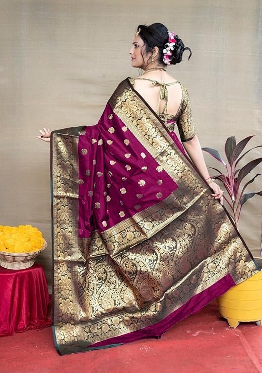 C J Enterprise Women's Pure Kanjivaram Silk Saree Banarasi Soft Design Wear Pattu Sarees Latest Cotton With Blouse Piece Kanchipuram for Wedding sadi new ladies 2025 (Vruksh-50) (Magenta)