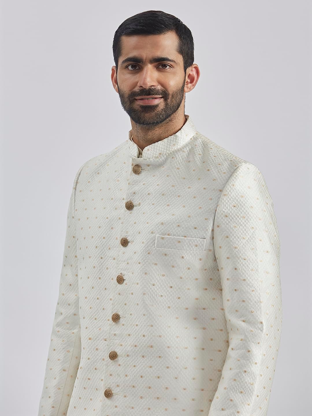 VASTRAMAY Men's Cream Viscose Sherwani Set, Silk Blend Jacquard Indo Western, Kurta And Pyjama for Men for Weddings & Festivals, Traditional Ethnic Wear Outfit