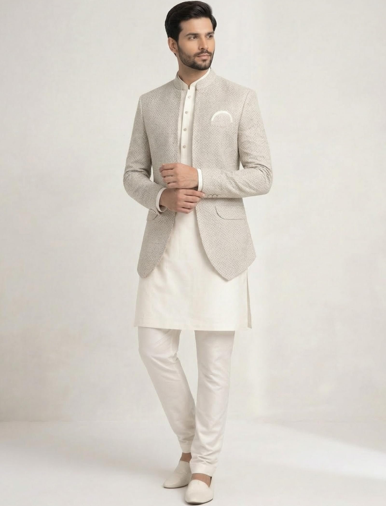Amzira Men’s Jacquard Koti Kurta Set | Mandarin Collar | Full Sleeves Ethnic Wear | Festive & Wedding Traditional Outfit for Men (Grey_S)
