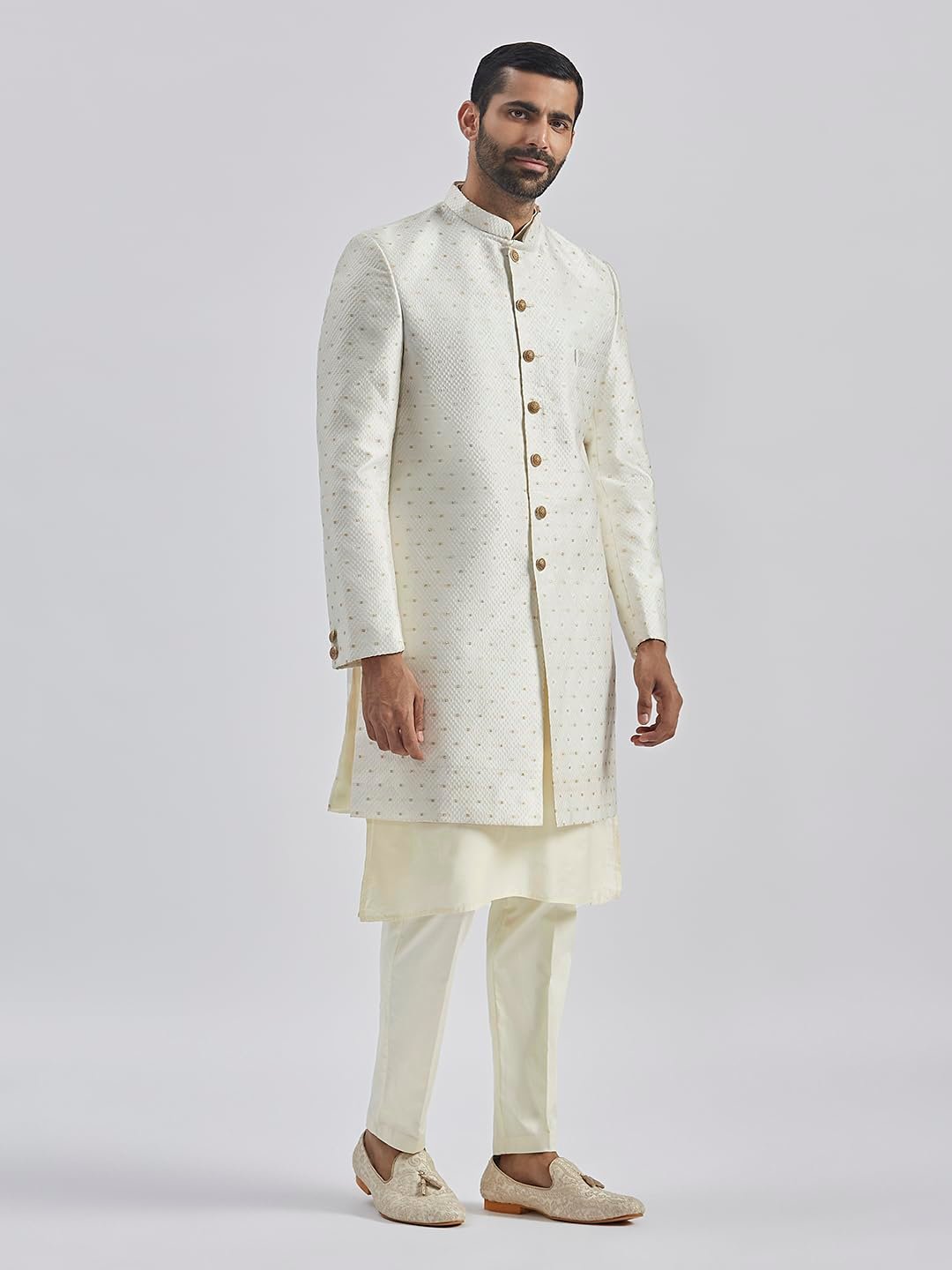 VASTRAMAY Men's Cream Viscose Sherwani Set, Silk Blend Jacquard Indo Western, Kurta And Pyjama for Men for Weddings & Festivals, Traditional Ethnic Wear Outfit