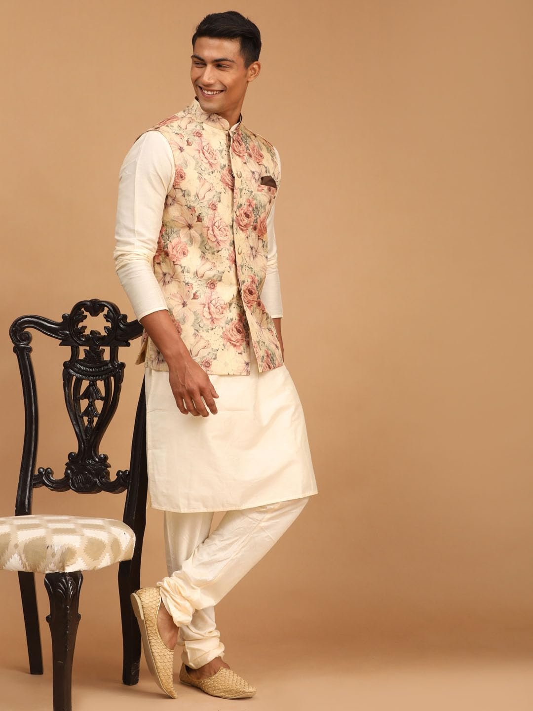 VASTRAMAY Classic Flower Print Silk Blend Printed Nehru Jacket with Kurta and Pant Style Pyjama – Elegant Ethnic Wear for Men