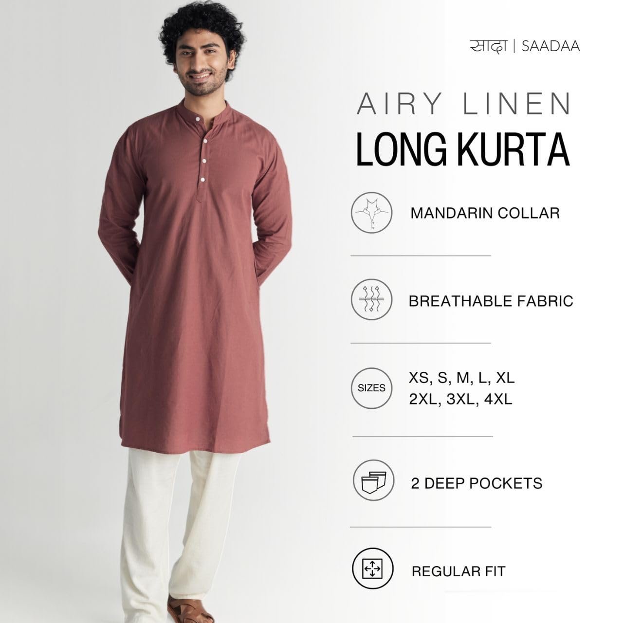 SAADAA Men's Long Kurta – Linen Cotton Blend, Airy Fabric, Regular Fit, Mandarin Collar, Solid Color – Casual, Festive & Ethnic Wear