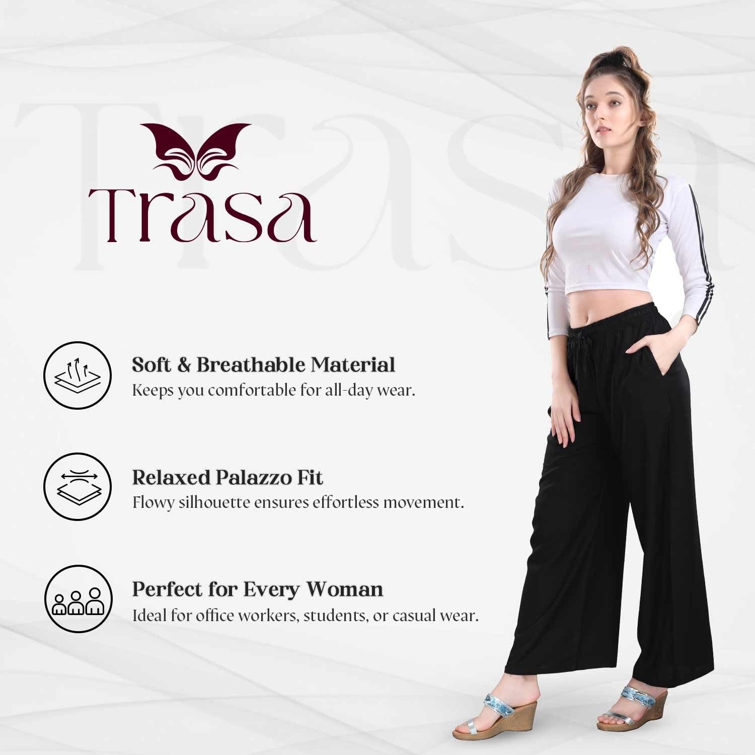 TRASA Ultra Soft Reyon Cotton Regular and Plus 7 Colour High Rise Palazzo for Womens and Girls - Black - 3XL