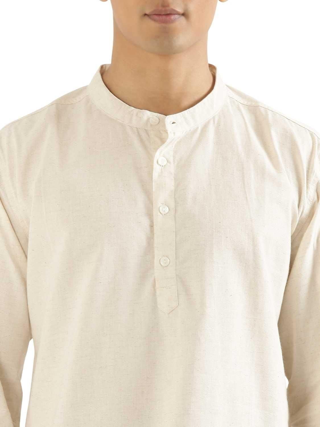 SAADAA Men Linen Cotton Blend Regular Fit Kurta, Mandarin Collar Solid Color for Casual Festive & Ethnic Wear (Ecru XS)