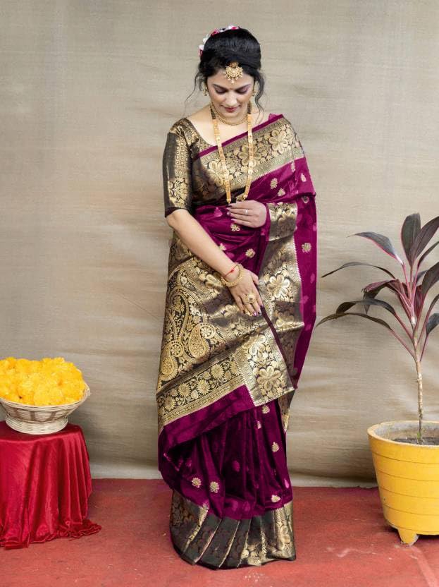 C J Enterprise Women's Pure Kanjivaram Silk Saree Banarasi Soft Design Wear Pattu Sarees Latest Cotton With Blouse Piece Kanchipuram for Wedding sadi new ladies 2025 (Vruksh-50) (Magenta)