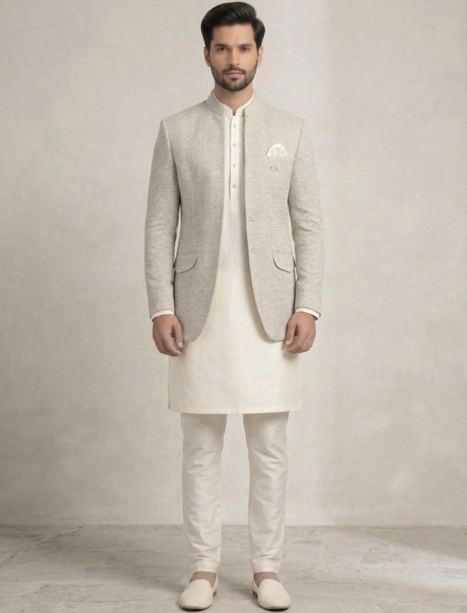 Amzira Men’s Jacquard Koti Kurta Set | Mandarin Collar | Full Sleeves Ethnic Wear | Festive & Wedding Traditional Outfit for Men (Grey_S)