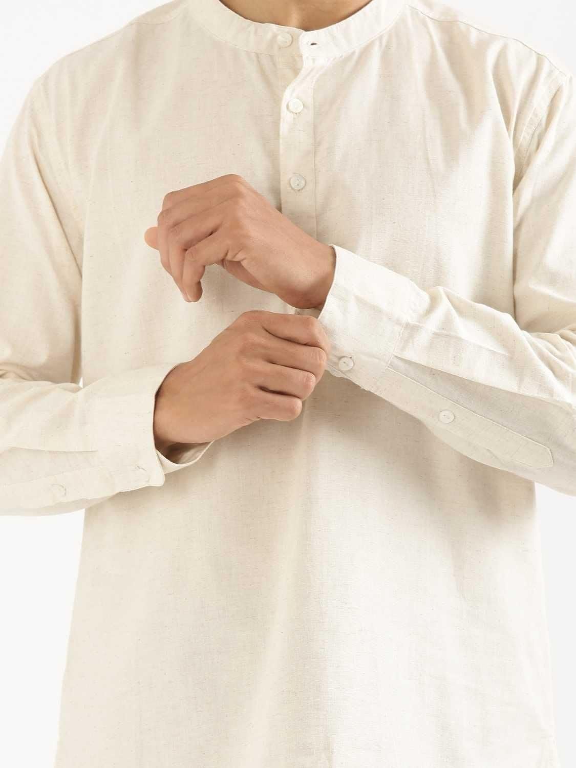 SAADAA Men Linen Cotton Blend Regular Fit Kurta, Mandarin Collar Solid Color for Casual Festive & Ethnic Wear (Ecru XS)