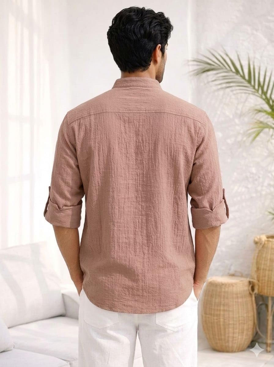 218 VASTRA Men’s Crinkle Cotton Short Kurta Brown Colour Textured Fabric Regular Fit Casual Ethnic Wear for Men Size Large