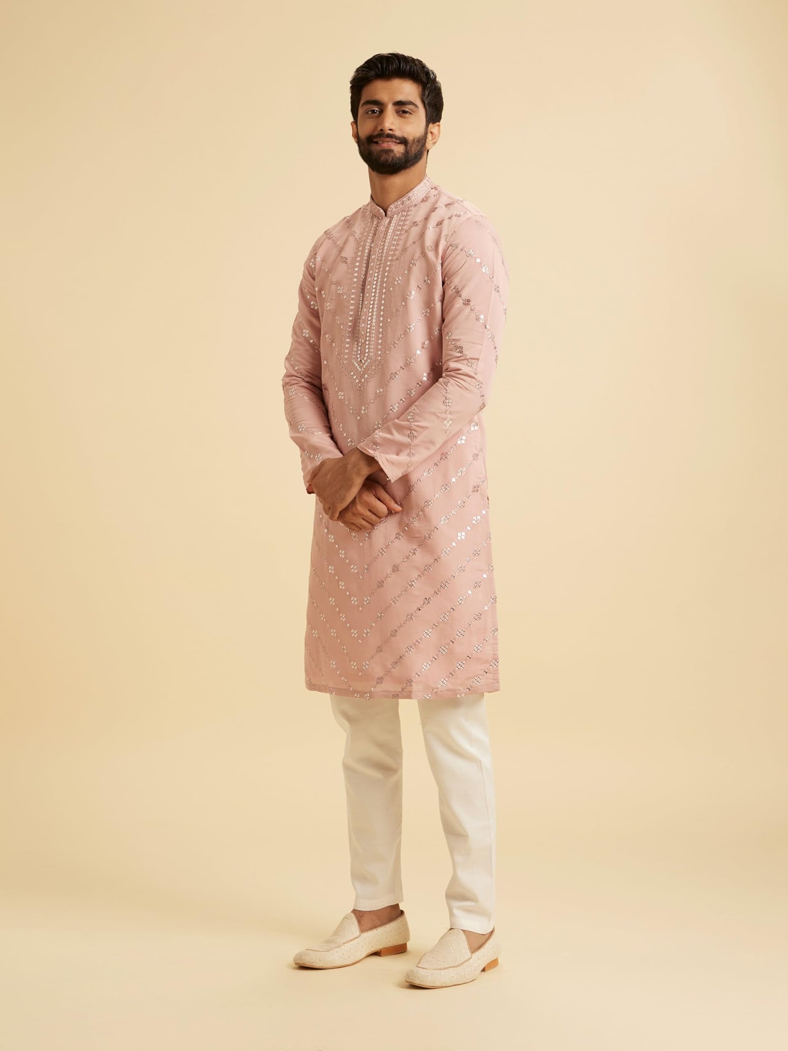 Manyavar Men's Art Silk Mirror Work Embroidered Kurta Pajama Set (Dusty Pink,XXL)