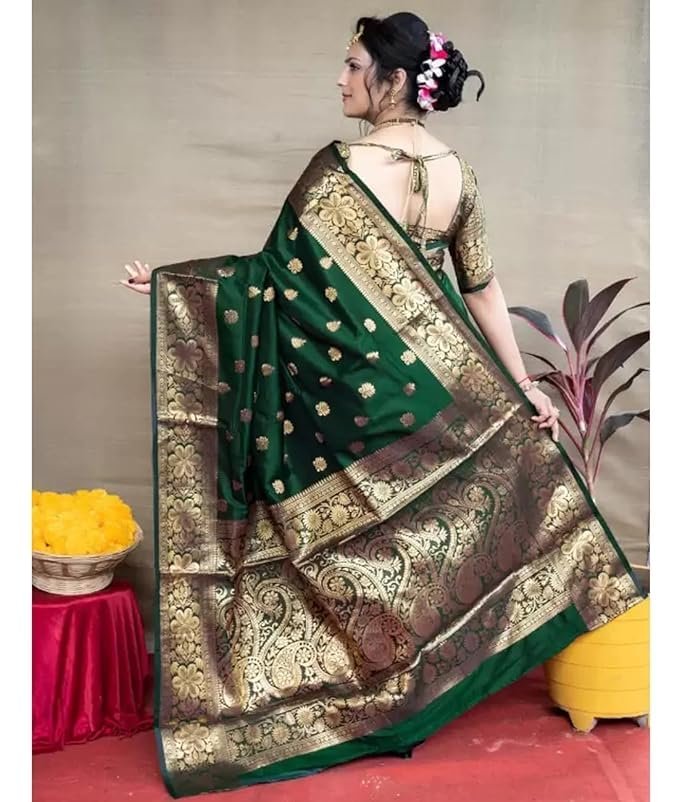 C J Enterprise Women's Banarasi Saree Pure Kanjivaram Silk Saree Soft Design Wear Pattu Sarees Latest Cotton With Blouse Piece Kanchipuram for Wedding sadi new ladies 2025 (Vruksh-51) (Dark Green)