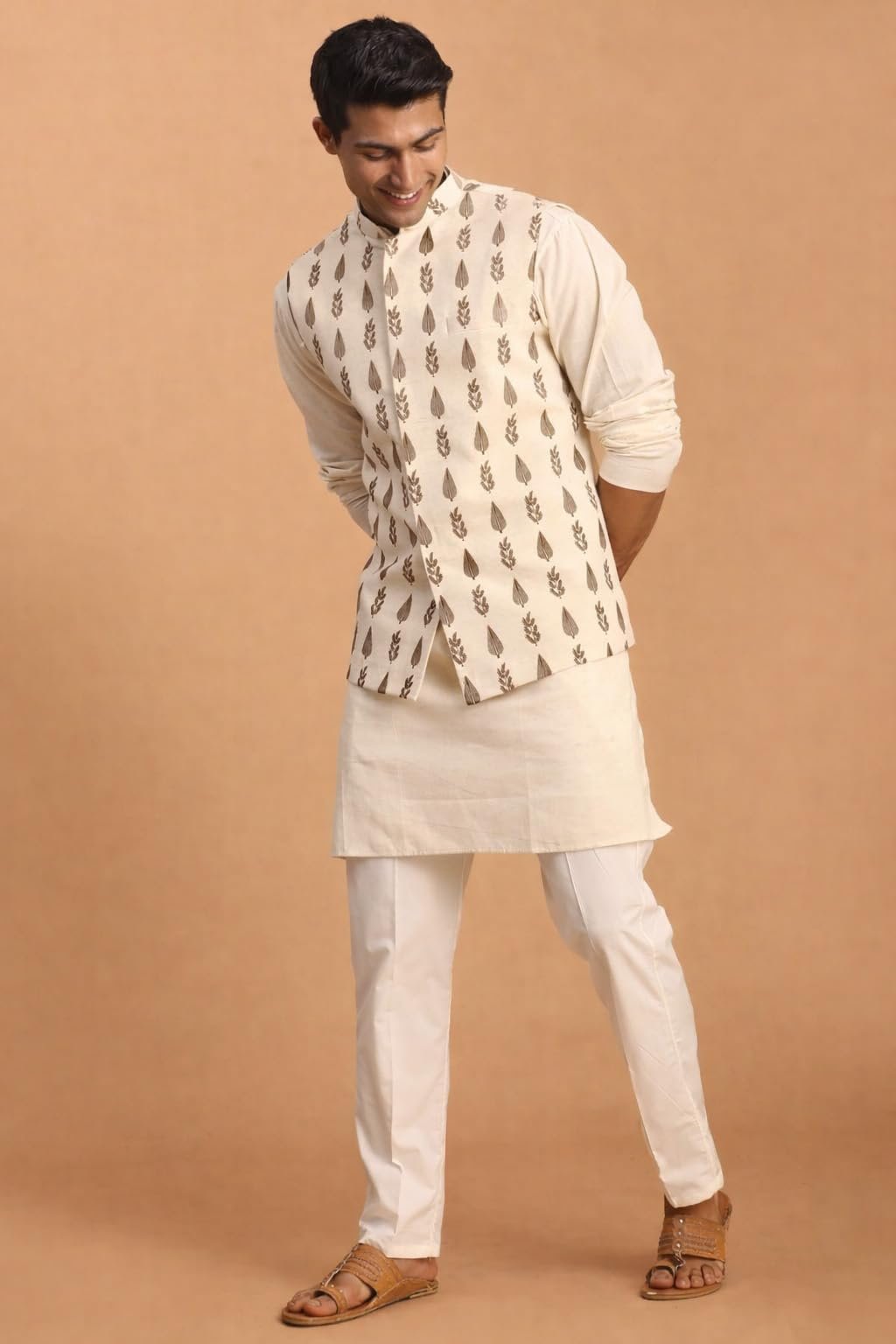 VASTRAMAY Shvaas Leaf Pattern Cotton Printed Nehru Jacket with Kurta and Pyjama Set Elegant Ethnic Wear for Men, 40