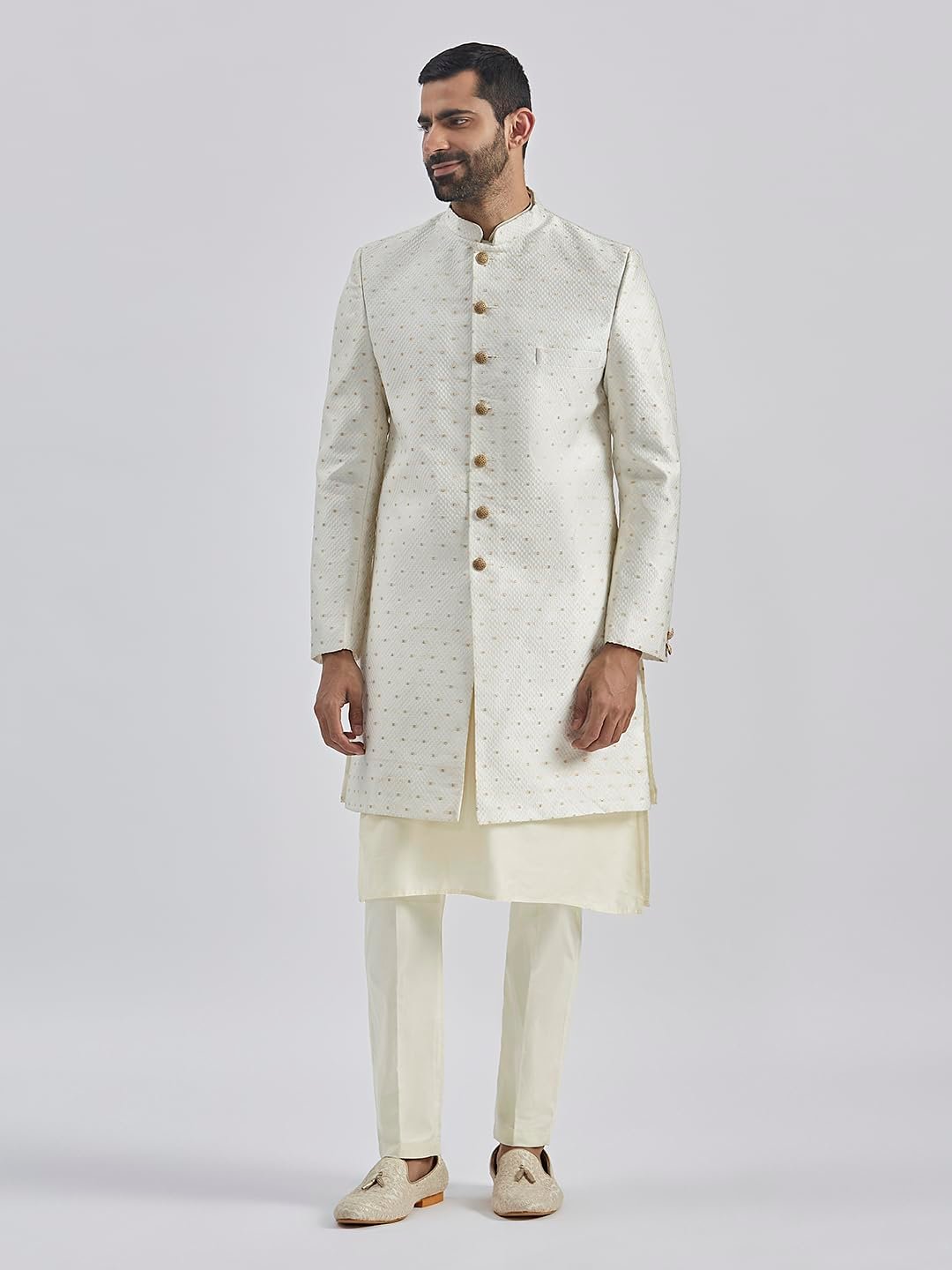 VASTRAMAY Men's Cream Viscose Sherwani Set, Silk Blend Jacquard Indo Western, Kurta And Pyjama for Men for Weddings & Festivals, Traditional Ethnic Wear Outfit