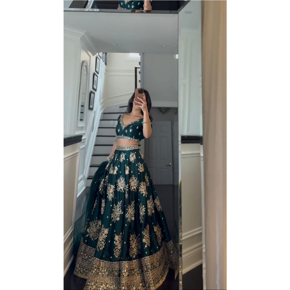IYALAFAB WOMEN'S Crepe Trending Designer Semi-Stitched Lehenga Choli Set for Women | Dupatta & Unstitched Blouse | Wedding Outfit (SF201535 Dark Green free-size)