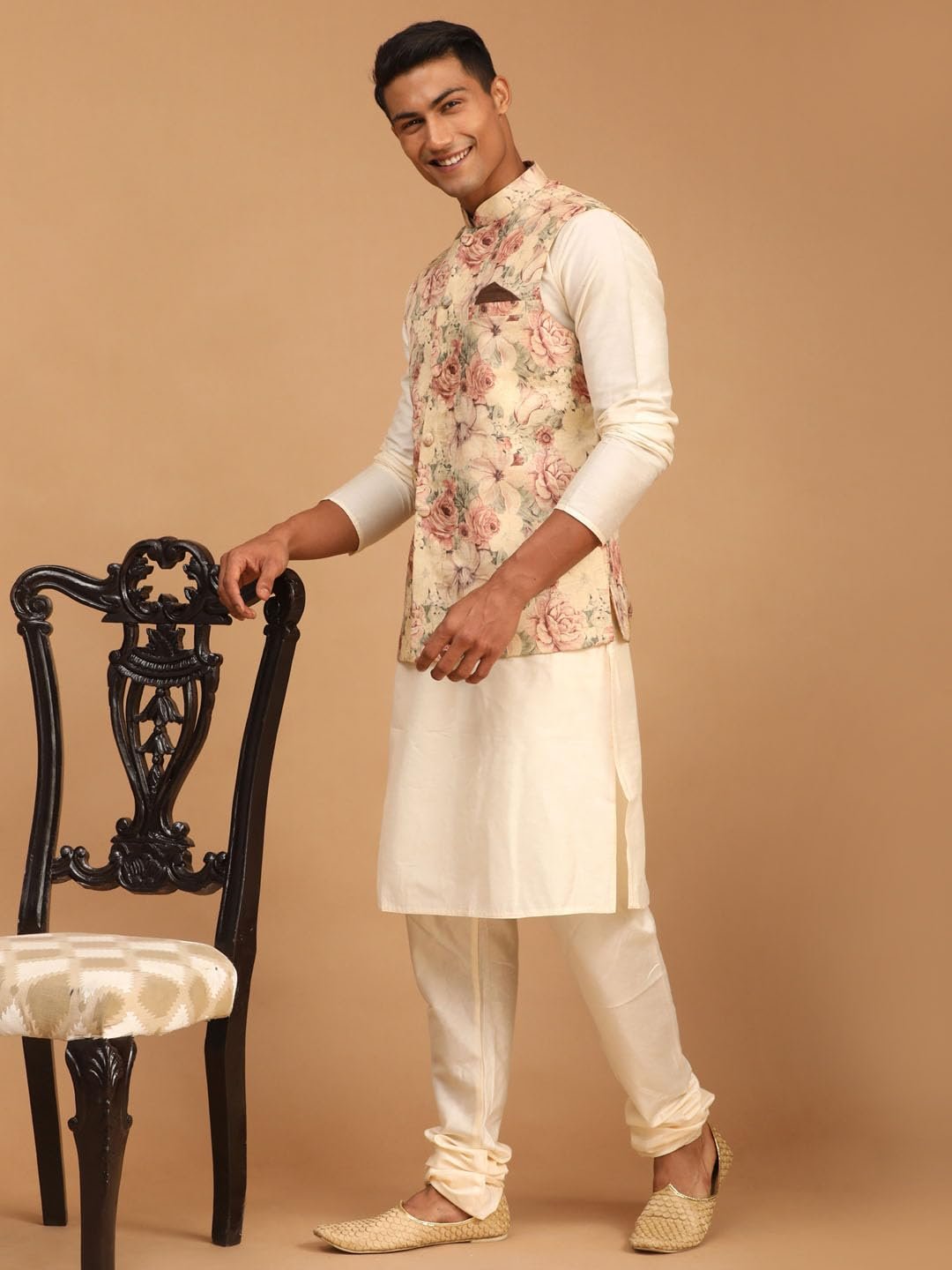 VASTRAMAY Classic Flower Print Silk Blend Printed Nehru Jacket with Kurta and Pant Style Pyjama – Elegant Ethnic Wear for Men