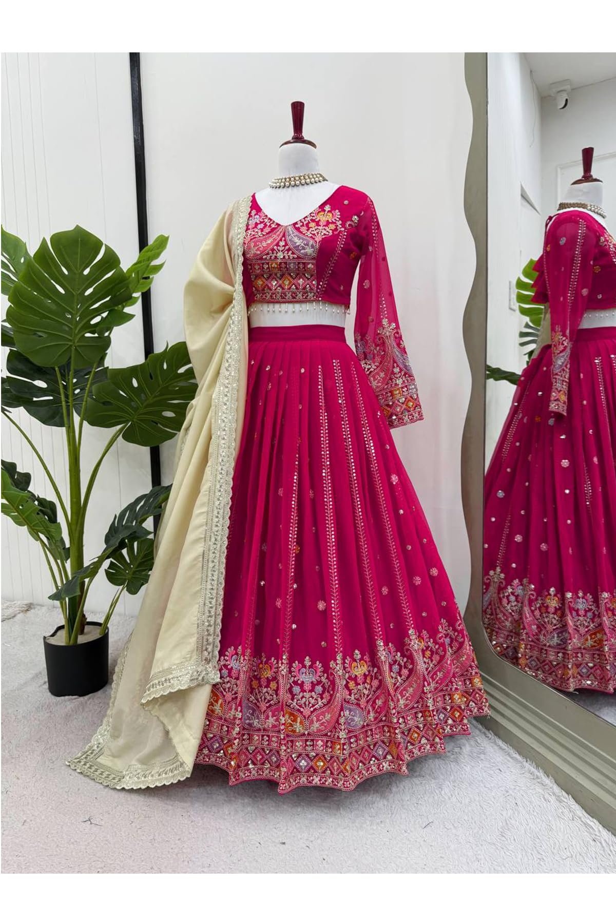 IYALAFAB WOMEN'S Georgette Trending Designer Semi-Stitched Lehenga Choli Set for Women | Dupatta & Unstitched Blouse | Wedding Outfit (SF201547 Beige free-size)