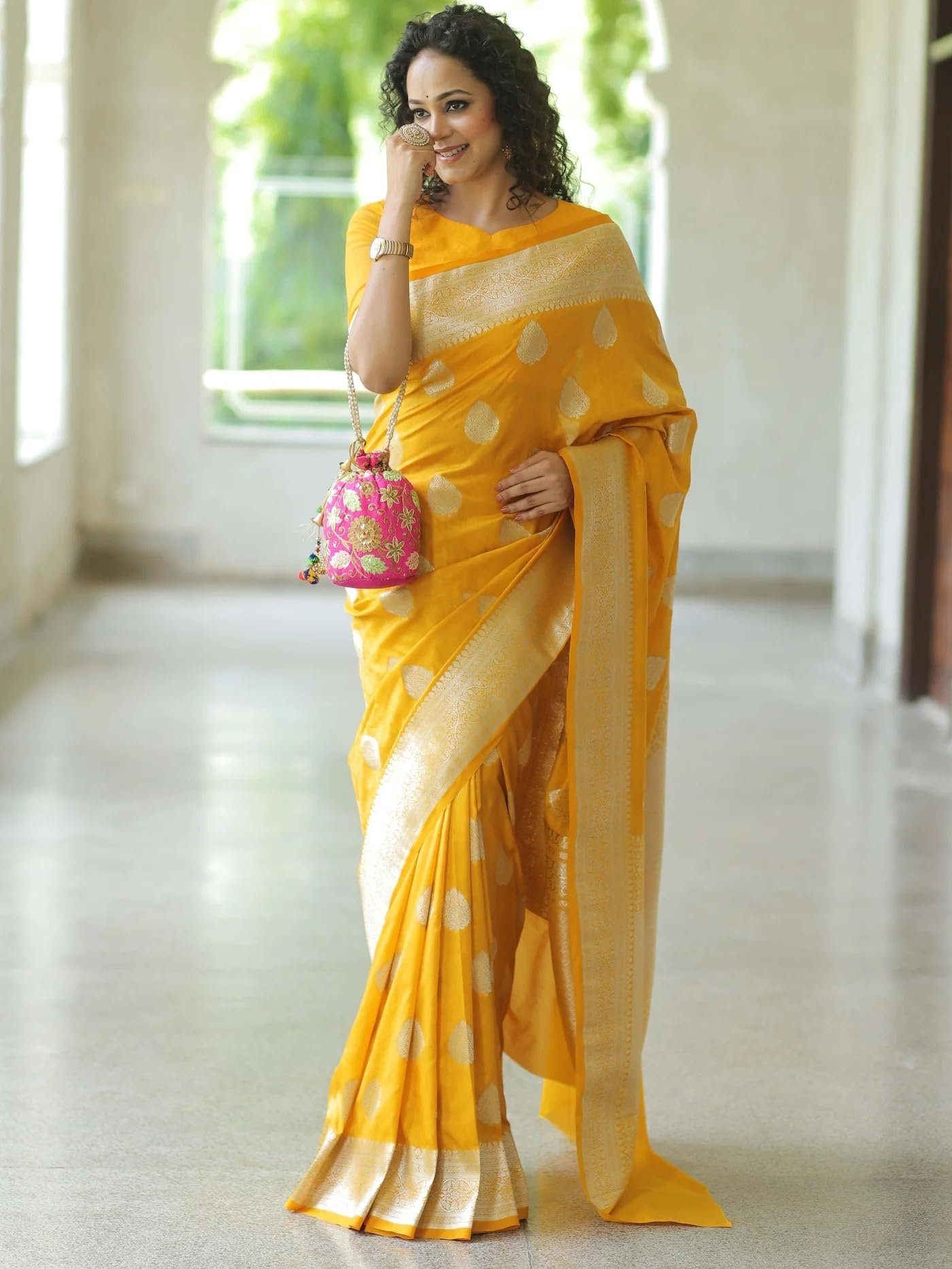 Yashika Women’s Fancy Banarasi Kanjivaram Art Silk Yellow Saree with Unstitched Blouse Piece |Wedding Saree for Women